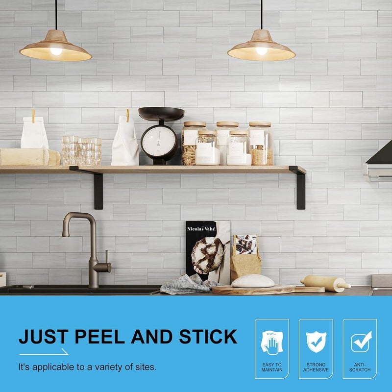 V-MOZZA Peel and Stick Backsplash, 20-Sheet Peel and Stick Wall Tiles 13.5" x 5.8" PVC Subway Tile Stick on Backsplash for Kitchen Fireplace (Italian White Marble) - Image 2